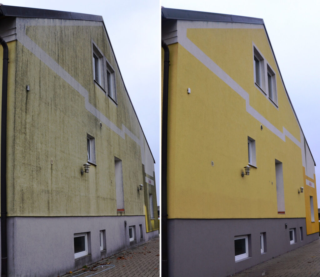 Fassadenreinigung beim USC Wallern im Burgenland – vorher und nachher