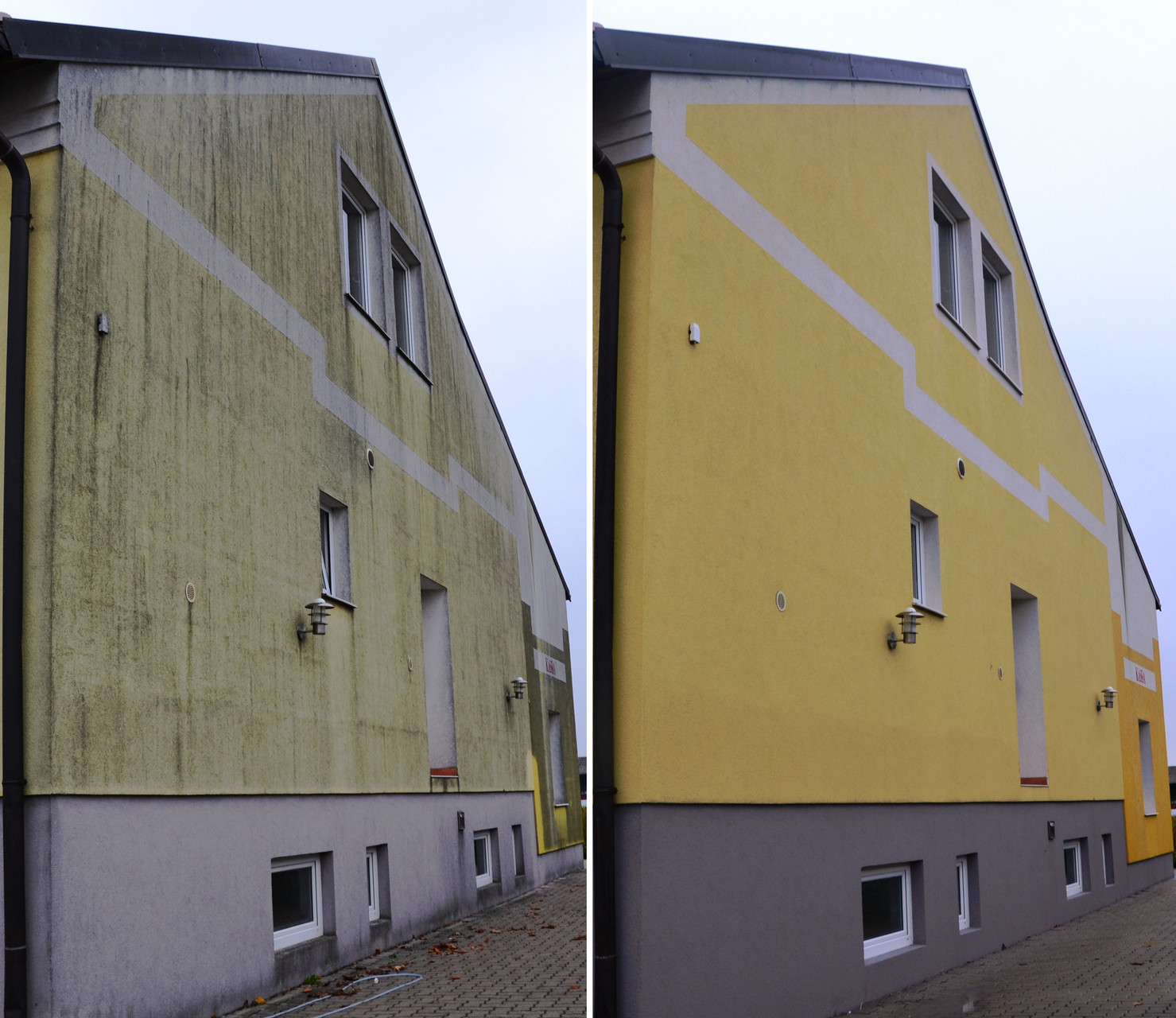 Fassadenreinigung beim USC Wallern im Burgenland – vorher und nachher