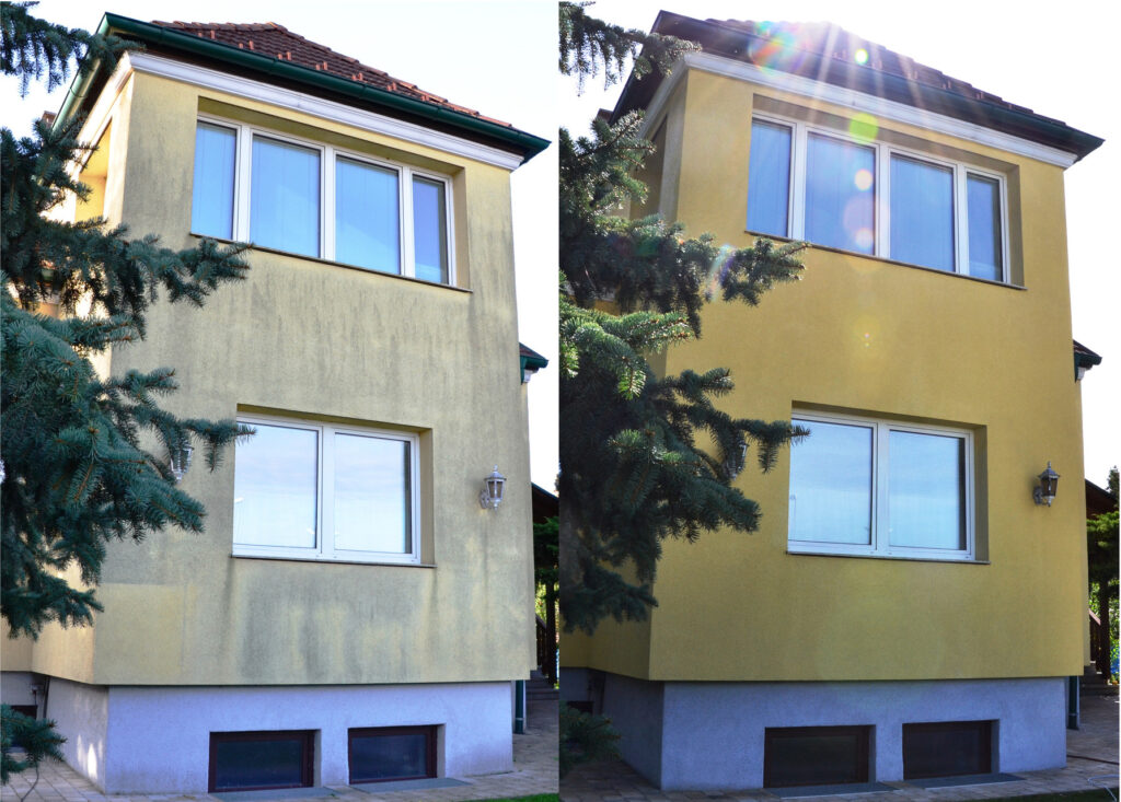 Direkter Vergleich der Algenentfernung an der Fassade