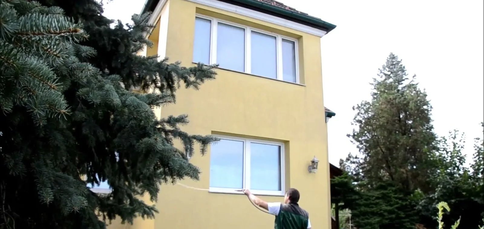 Drucklos abspuelen: der geloeste Bewuchs wird vom Boden aus von der Fassade gespuelt